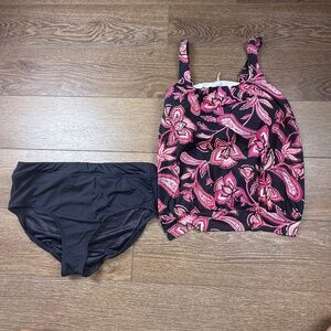 Lands End Women's Two-Piece Tankini Swimsuit, Pink/Black Top 12 Bottom 14 Summer